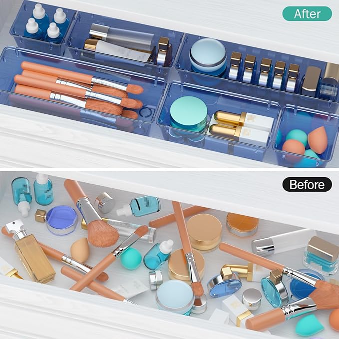 WOWBOX 6 Pack Clear Drawer Organizer Set, Acrylic Drawer Storage Trays, Storage Bins for Makeup, Cosmetics, Jewelries, Utensils, Gadgets, Office, Dark Blue - Image 4
