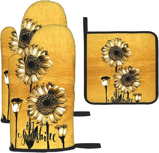 Sunflower Oven Mitts and Pot Holders Sets, Heat Resistant Gold Kitchen Oven Glove for Kitchen BBQ Baking Grilling Cooking, Sunflower Gifts for Women Cooks Bakers Cooking Lover by Unknown
