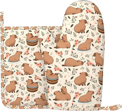 Oven Mitts and Pot Holders Set - Cute Animal Kitchen Gifts Heat Resistant to 500°F, Non-Slip Silicone Grips for Baking, Cooking, Grilling, BBQ Accessories