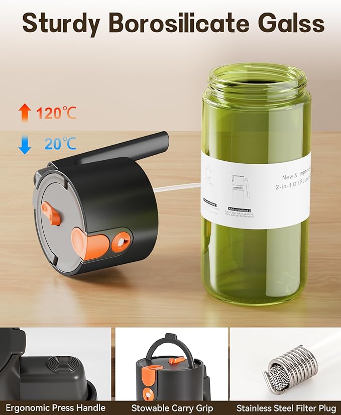 OURCABECUE Upgrade 2 in 1 Oil Sprayer for Cooking, 17oz Light-Blocking Glass Olive Oil Dispenser Bottle for Kitchen, Food-Grade Oil Mister with 8 Stickers for Salad, Frying (Green Bottle-Black Gap) - Image 7