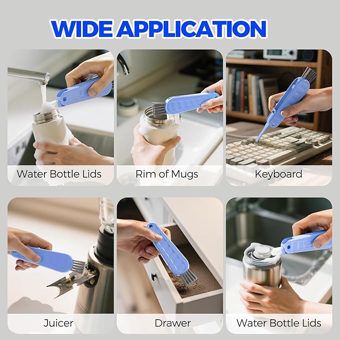 6 Pack Holikme 4 in 1 Cup Lid Cleaning Brush Set with 3 Straws, Multifunctional Bottle Brush, Silicone Cup Lid Gap Cleaner, Durable Bristle Crevice Cleaning Brush, Blue - Image 7