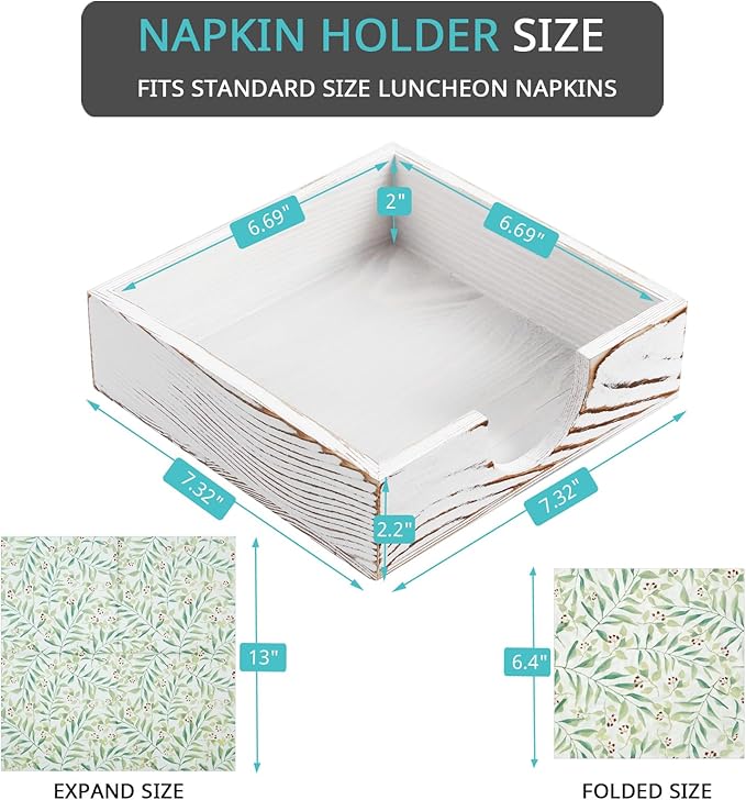 Napkin Holder for Table, White Washed Wood Napkins Holders For Paper Napkins, Flat Napkin Holder for Luncheon, Napkin Holders for Kitchen Dinner Decor, Napkin Dispenser for Indoor & Outdoor Use