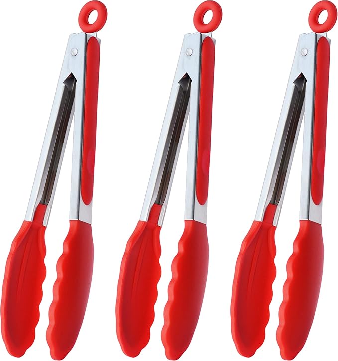 HINMAY Silicone Cooking Tongs 9-Inch Serving Tongs, Set of 3 (Red) by HINMAY