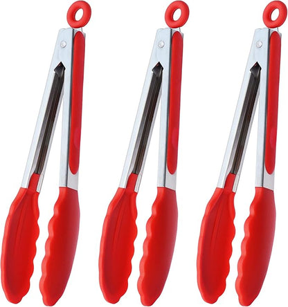 HINMAY Silicone Cooking Tongs 9-Inch Serving Tongs, Set of 3 (Red) by HINMAY