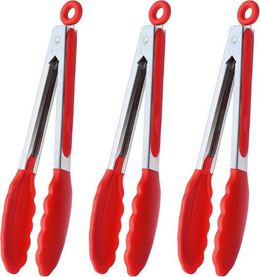 HINMAY Silicone Cooking Tongs 9-Inch Serving Tongs, Set of 3 (Red) by HINMAY