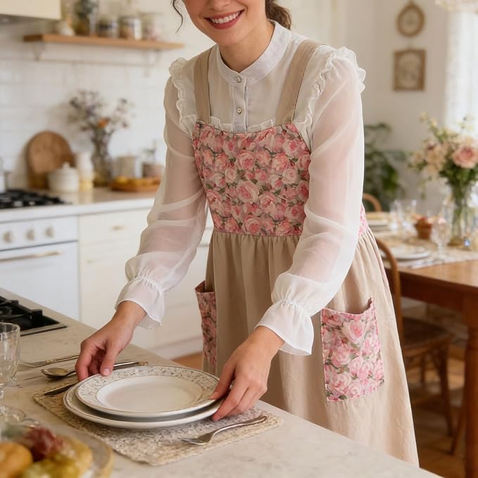 Uaussi Cotton Linen Apron Cross Back Work Apron for Women with Pockets Pinafore Dress X Cross Halter Apron for Chef Gardening - Image 6