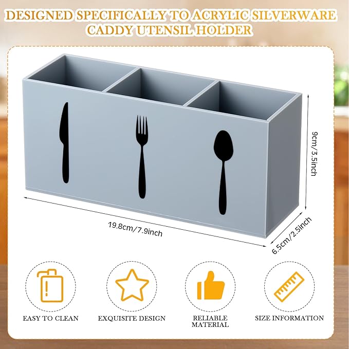 Suzile Acrylic Cutlery Storage Organizer Bin Silverware Caddy Countertop Knife Spoon and Fork Holder Kitchen 3 Section Tableware Storage Box for Cabinet Indoor Home Flatware Dining Room (Gray,M) - Image 2