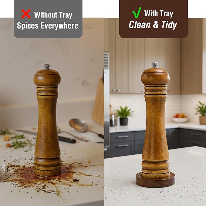 Wood Salt and Pepper Grinder, Salt Grinder and Pepper Mill, Oak Wood Shakers with Adjustable Ceramic Grinders (8″ - 1 Pack with Tray) - Image 2