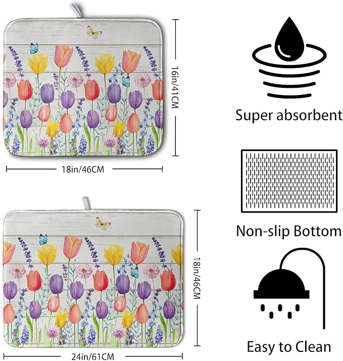 Tulip Floral Dish Drying Mat for Kitchen Counter Watercolor Spring Flower Dish Mat Absorbent Microfiber Dish Draining Mat Reversible Heat Resistant Dishes Pad Large 18 x 24 Inch - Image 2