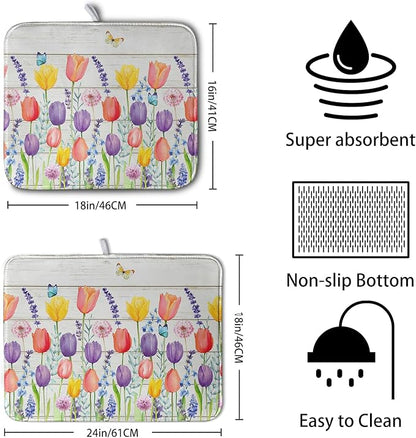 Tulip Floral Dish Drying Mat for Kitchen Counter Watercolor Spring Flower Dish Mat Absorbent Microfiber Dish Draining Mat Reversible Heat Resistant Dishes Pad Large 18 x 24 Inch - Image 2