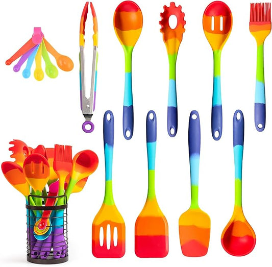 11-Piece Rainbow Silicone Spatula Bundle with Holder & Measuring Spoons – Multicolor Heat-Resistant Cooking Utensils for Nonstick Cookware – Flexible Turner, Spoon, Spatula, Brush, FDA Safe