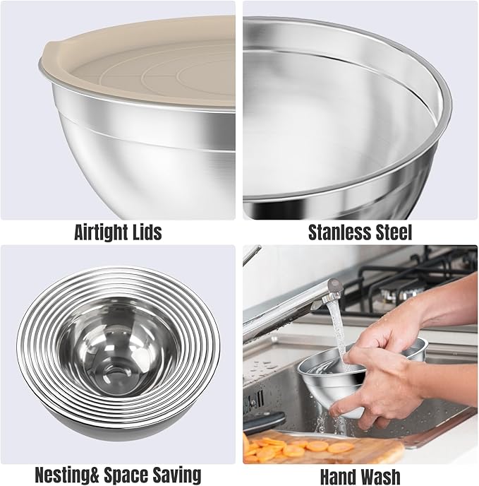 ENVTEK 7-Piece Stainless Steel Mixing Bowls Set with Lids & 3 Grater Attachments – Size 4.5, 4, 3.5, 2.1, 1.5, 1.1, 0.7QT, Kitchen Gadgets Set for Cooking, Baking, and Serving, Khaki - Image 5