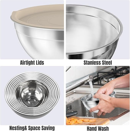 ENVTEK 7-Piece Stainless Steel Mixing Bowls Set with Lids & 3 Grater Attachments – Size 4.5, 4, 3.5, 2.1, 1.5, 1.1, 0.7QT, Kitchen Gadgets Set for Cooking, Baking, and Serving, Khaki - Image 5