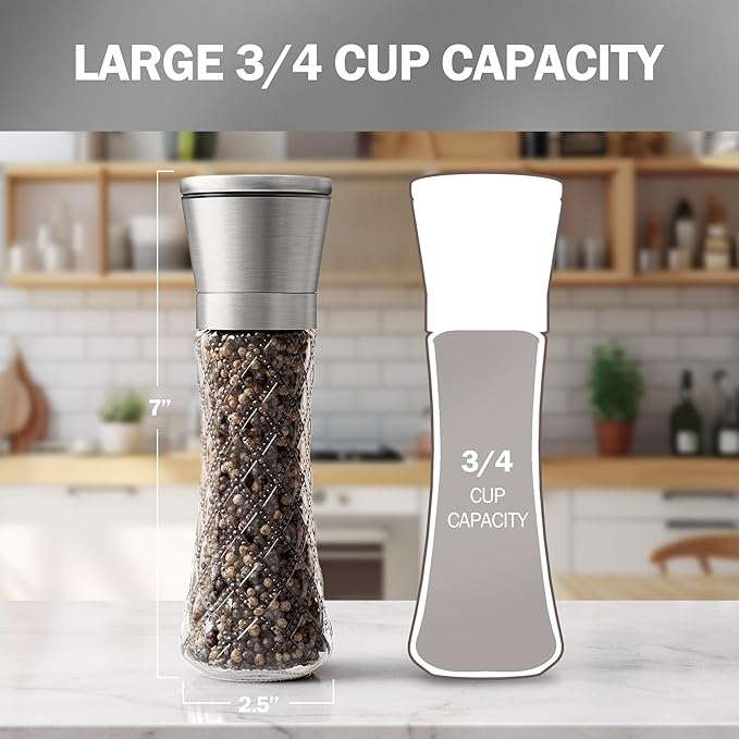 Home EC Original Stainless Steel Sea Salt and Pepper Grinder Set of 2 - Adjustable Ceramic Grinder - Diamond Pattern Glass - Salt and Pepper Shakers - Kitchen Spice Mill - Modern Kitchen Accessories - Image 2