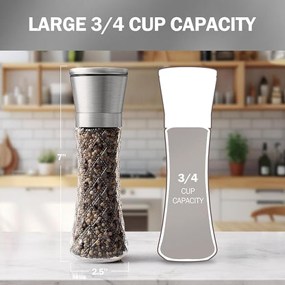 Home EC Original Stainless Steel Sea Salt and Pepper Grinder Set of 2 - Adjustable Ceramic Grinder - Diamond Pattern Glass - Salt and Pepper Shakers - Kitchen Spice Mill - Modern Kitchen Accessories - Image 2