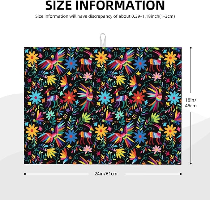 Mexican Colorful Bird and Floral Abstract Dish Drying Mats for Kitchen Counter, 18x24 inch Absorbent Decorative Microfiber Drying Pad, Anti-Slip & Absorption for Sink Small Appliances, Home Decor