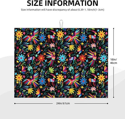 Mexican Colorful Bird and Floral Abstract Dish Drying Mats for Kitchen Counter, 18x24 inch Absorbent Decorative Microfiber Drying Pad, Anti-Slip & Absorption for Sink Small Appliances, Home Decor