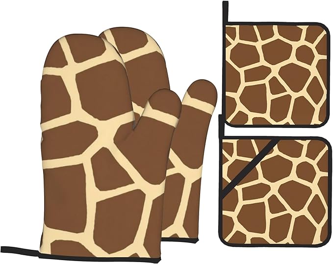 Giraffe Oven Mitts with Matching Potholders - Heat Resistant Kitchen Accessories for Baking, Grilling, Cooking, Gifts for Women