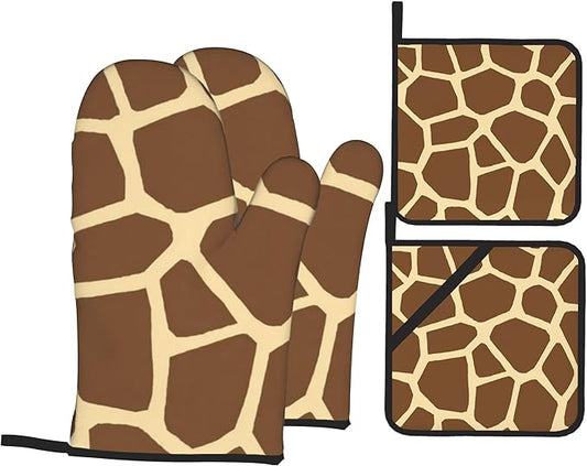 Giraffe Oven Mitts with Matching Potholders - Heat Resistant Kitchen Accessories for Baking, Grilling, Cooking, Gifts for Women