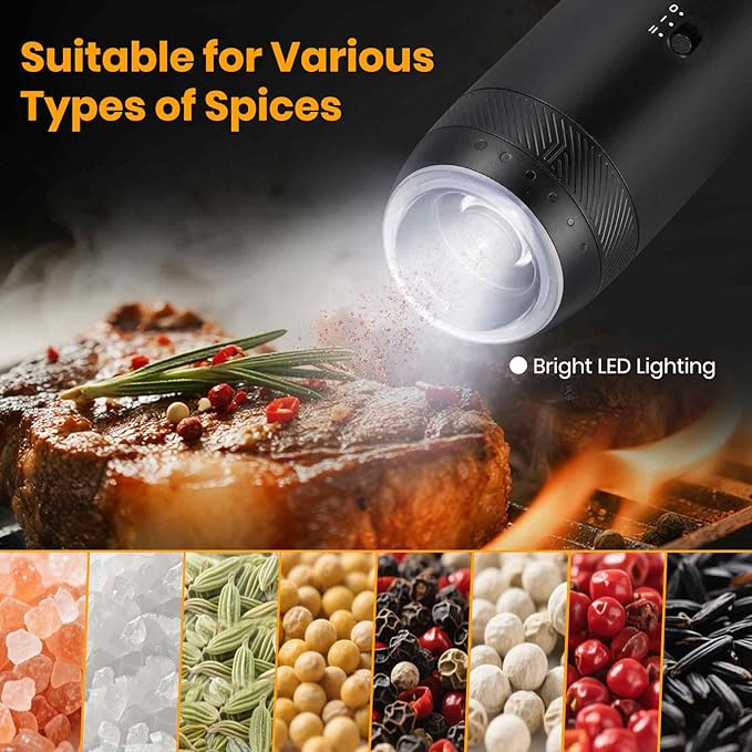Gravity Electric Salt Grinder Set with Variable Grinding Speed, External Adjustable Coarseness, One Hand Operation, Upgraded Larger Capacity,White LED Light, Black 2 Pcs - Image 7