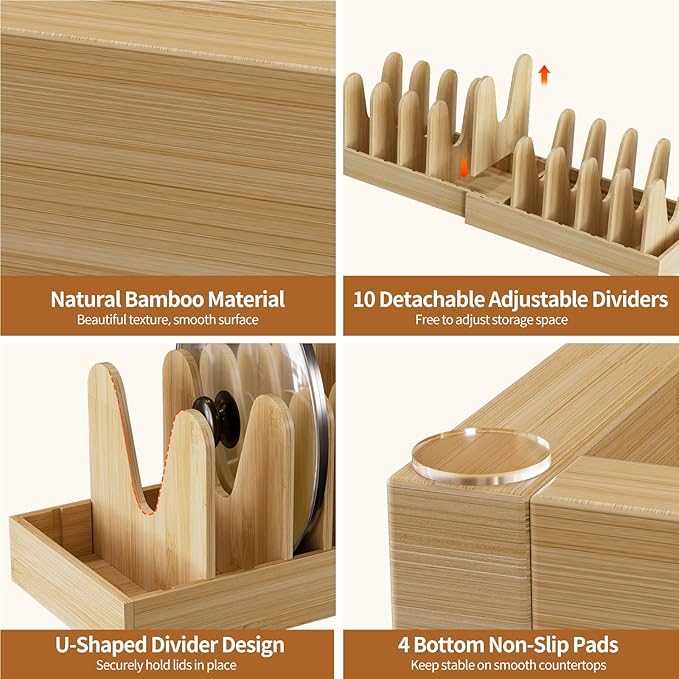 Housolution Bamboo Pot and Pan Organizer for Cabinet, 15"-29" Expandable Pot Lid Organizer with 10 Adjustable Dividers, Pan Holder Storage Rack with Solid Bamboo Wooden Base - Image 4