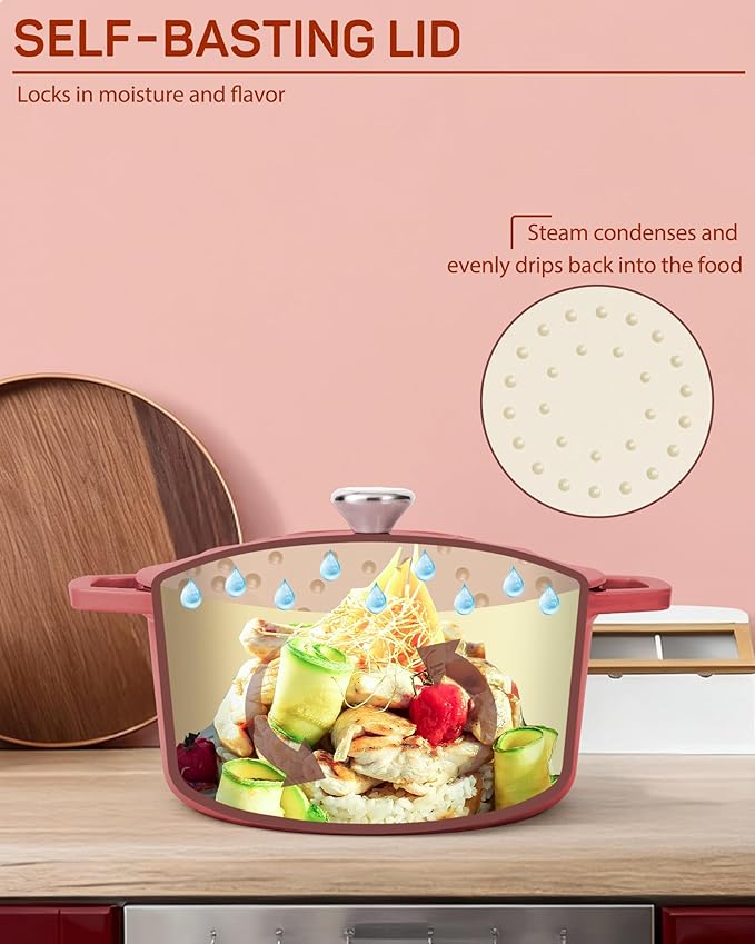 Ciwete Enameled Cast Iron Dutch Oven – 4.4 Quart Pot with Lid & Potholders – Heavy-Duty Cookware for Bread Baking, Braising, Stews & Roasting – Oven & Stovetop Safe up to 500°F – Red