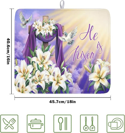 Easter Dish Drying Mat for Kitchen Counter He is Risen Cross Floral Purple Pattern Microfiber Dish Drainer Mat Rustic Absorbent Washable Drying Pad 16"x18"