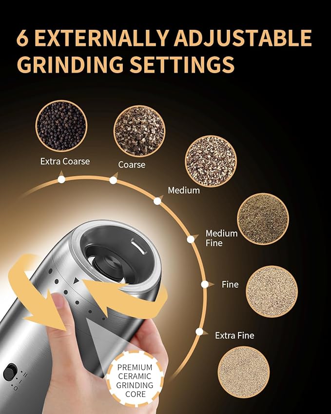 Gravity Electric Salt and Pepper Grinder Set with Rechargeable Base, 2-Speed Grinding Control Stainless Steel Pepper Mill Set with Adjustable Coarseness, LED Light & 176ml Large Capacity - Image 4