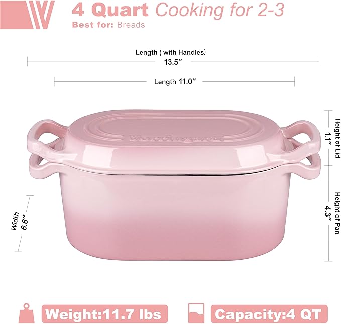 VORRINGARD Oval Dutch Oven Pot with Lid, Enamel Coating Cast Iron Bread Pans for Homemade Sourdough Bread Baking, Cooking, 4 Quart, Pink