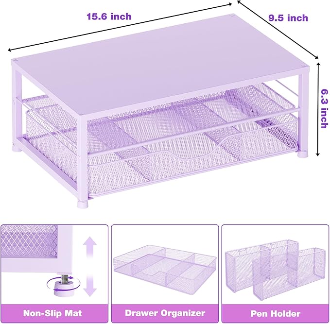 OPNICE Desk Organizers and Accessories, 2-Tier Computer Monitor Stand Riser with Drawer and 2 Pen Holders, Laptop Stand, Office Desk Accessories & Office Decor for Women, Purple - Image 3