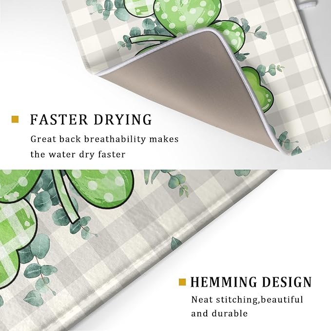 Giwawa Patrick Dish Drying Mat for Kitchen Green Clovers Grey Buffalo Plaids Dish Drainer Mats 18x24inch Spring Leaf Dish Drying Rack Pad Protector for Countertop Dining Holiday Decor