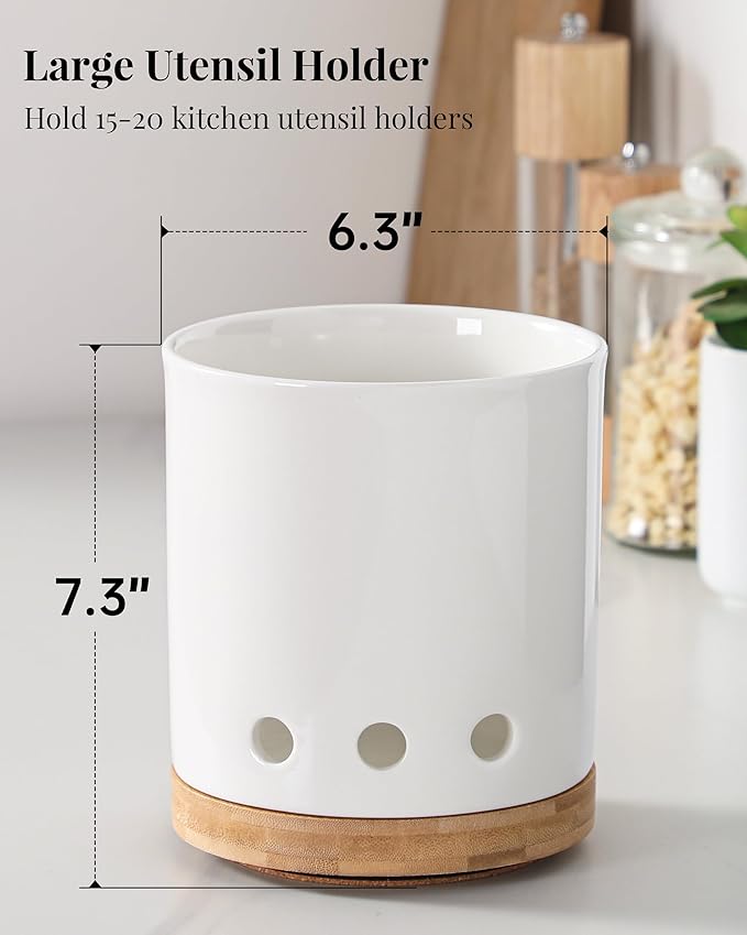 LoeJan 7.3“ 360° Rotating Ceramic Utensil Holder for Kitchen Countertop – Cooking Utensil Crock Organizer with Non-Slip Cork Base for Farmhouse Kitchen Decor, White - Image 2