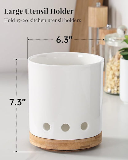 LoeJan 7.3“ 360° Rotating Ceramic Utensil Holder for Kitchen Countertop – Cooking Utensil Crock Organizer with Non-Slip Cork Base for Farmhouse Kitchen Decor, White - Image 2