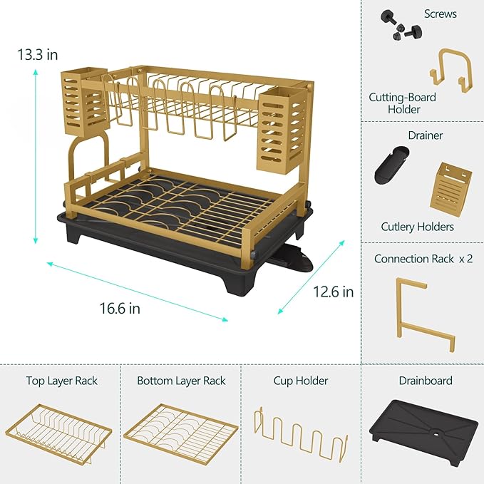 B-Land Dish Drying Rack, 2 Tier Dish Racks for Kitchen Counter, Large Dish Drying Rack with Drainboard & Utensil Holders, Rust-Proof Dish Drainers,Kitchen Organization Gold - Image 4