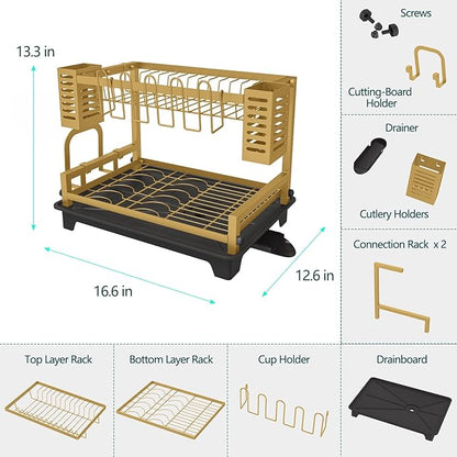 B-Land Dish Drying Rack, 2 Tier Dish Racks for Kitchen Counter, Large Dish Drying Rack with Drainboard & Utensil Holders, Rust-Proof Dish Drainers,Kitchen Organization Gold - Image 4