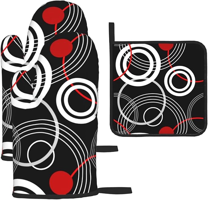 Modern Black Red Retro Oven Mitts and Pot Holders Sets of 3 Abstract Modern Hot Pads Heat Resistant Non Slip Washable for Cooking Grilling Baking BBQ Kitchen Decor by Unknown