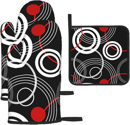 Modern Black Red Retro Oven Mitts and Pot Holders Sets of 3 Abstract Modern Hot Pads Heat Resistant Non Slip Washable for Cooking Grilling Baking BBQ Kitchen Decor by Unknown