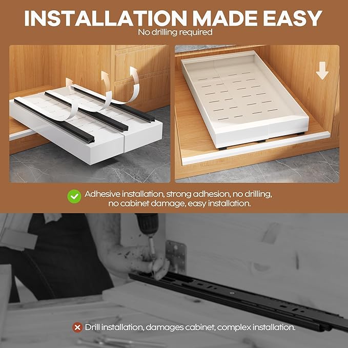 Seinloes 2 Pack Expandable Pull Out Cabinet Organizer 21" Deep with Raising Pad for Framed Cabinets,Upgrade 3 Slide Rails Slide Out Drawers,Roll Out Shelves Adhesive,Adjustable Width 9"-14.1" White - Image 7