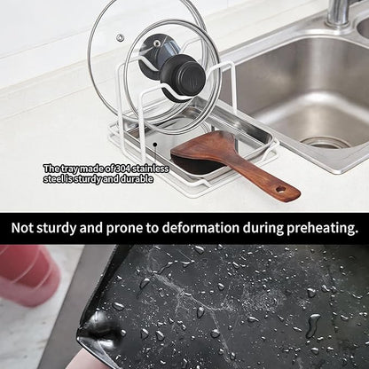 Pot Lid Holder While Cooking, 304 Stainless Steel Spoon Rest with Lid Holder for Countertop, Multifunctional Pan Lid Storage and Utensil Organizer for Stove Top