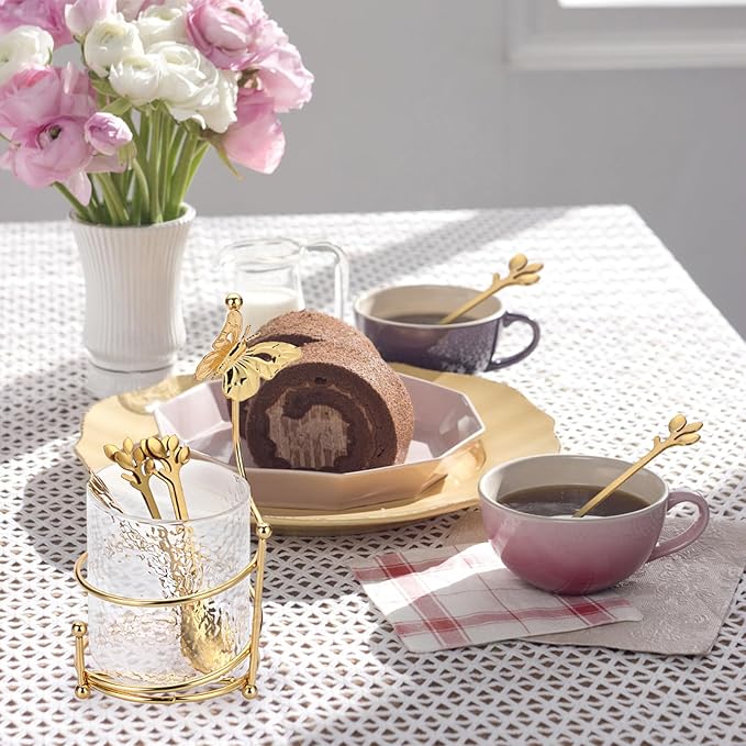 ELLDOO Coffee Spoon Set, Clear Glass Holder with 8 Stainless Steel Gold Leaf Coffee Spoons, Creative Flatware Set for Stirring, Mixing, Sugar, Ice Cream, Cake (8 x Spoons) - Image 5