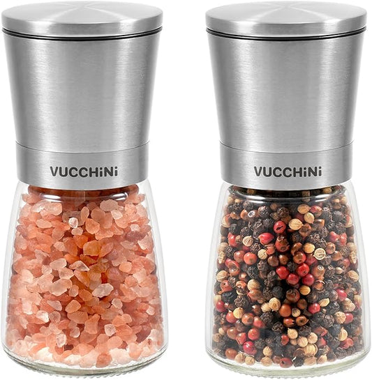 VUCCHINI Salt and Pepper Grinder Set - Adjustable Stainless Steel Spice Ceramic Grinders Mill Shaker for Kitchen Table - Stainless Steel color by Vucchini