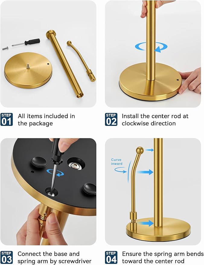SMARTAKE Paper Towel Holder, Paper Towel Dispenser Standing Weighted Base Non Slip, Spring Arm Fit Most Size Paper Roll, Stainless Steel Kitchen Roll Stand for Home Kitchen Countertop Tabletop, Gold - Image 7