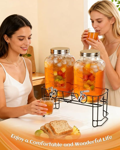 1 Gallon Drink Dispenser 2 Pack with Stand - Glass Beverage Dispenser for Parties, Juice, Water - Includes Spigot and Filter Separation and Chalkboard Labels