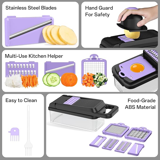 HomeHacks Vegetable Chopper Vegetable Cutter, 12 in 1 Kitchen Gadget, Dicer, Slicer, Onion Cutter, Salad, Cheese Grater & Egg Separator - Multi-Functional Veggie Chopper Lid with Handle (Purple) - Image 5
