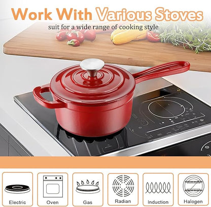 Enameled Cast Iron Sauce Pan, 1 Quart Enameled Saucepan with Lid, Mini Dutch Oven Enamel Saucepan for Cooking Pasta Sauce, Gravy, Puddings, Marinate, Boiling (Gradient Red)