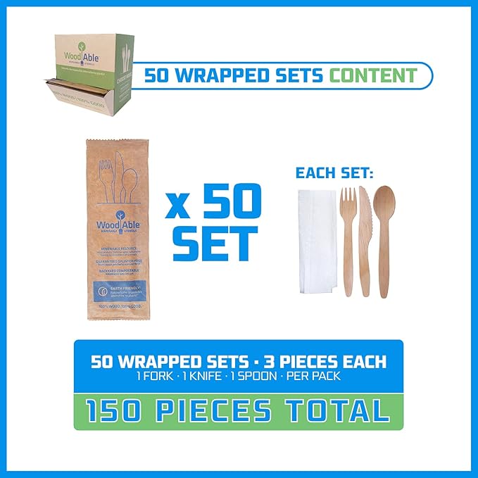 Disposable Wooden Cutlery Set - 100% Home Compostable - Wooden Utensils, Eco-Friendly, Organic, Sustainable and Carbon Neutral Certified - Fork, Knife, Spoon & Napkin - 150 - Image 2