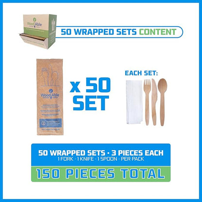 Disposable Wooden Cutlery Set - 100% Home Compostable - Wooden Utensils, Eco-Friendly, Organic, Sustainable and Carbon Neutral Certified - Fork, Knife, Spoon & Napkin - 150 - Image 2
