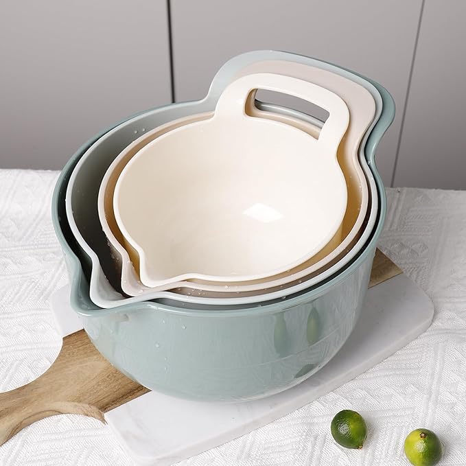 Mixing Bowls - 4 Piece Nesting Plastic Mixing Bowl Set with Pour Spouts and Handles - Non Slip Bottom and Measurement Markings (Light Green) - Image 5