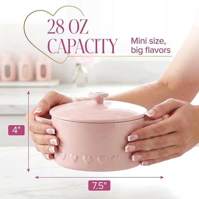 Paris Hilton Iconic Ceramic Stoneware Casserole Dish With Lid, Oven Safe Up To 450°F, Dishwasher & Microwave Safe, 28oz, Pink with Embossed Heart Design - Image 3