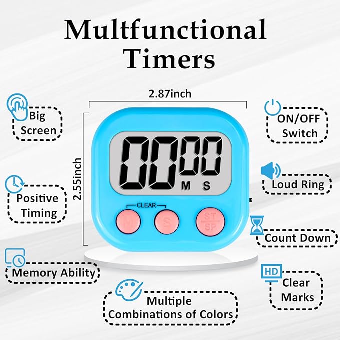 ZILLEEN 6 Pack Kitchen Timers for Cooking Digital Classroom Timers for Kids Teachers Blue Green Purple - Image 7
